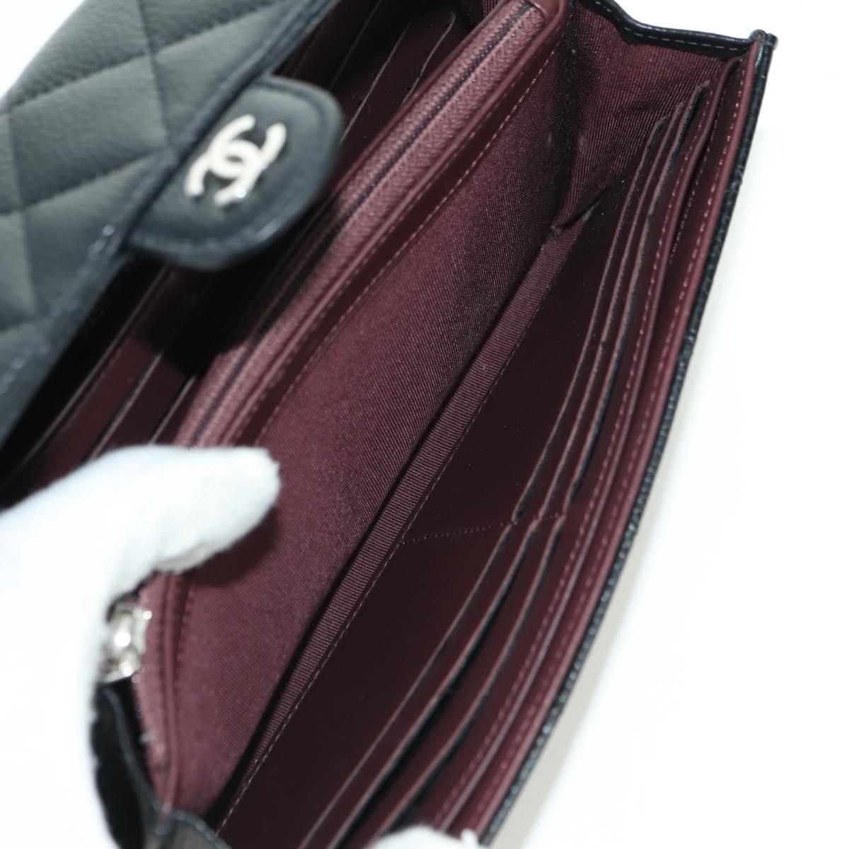 CHANEL Matelasse Long Wallet Caviar Skin Black Silver CC Auth am11194M