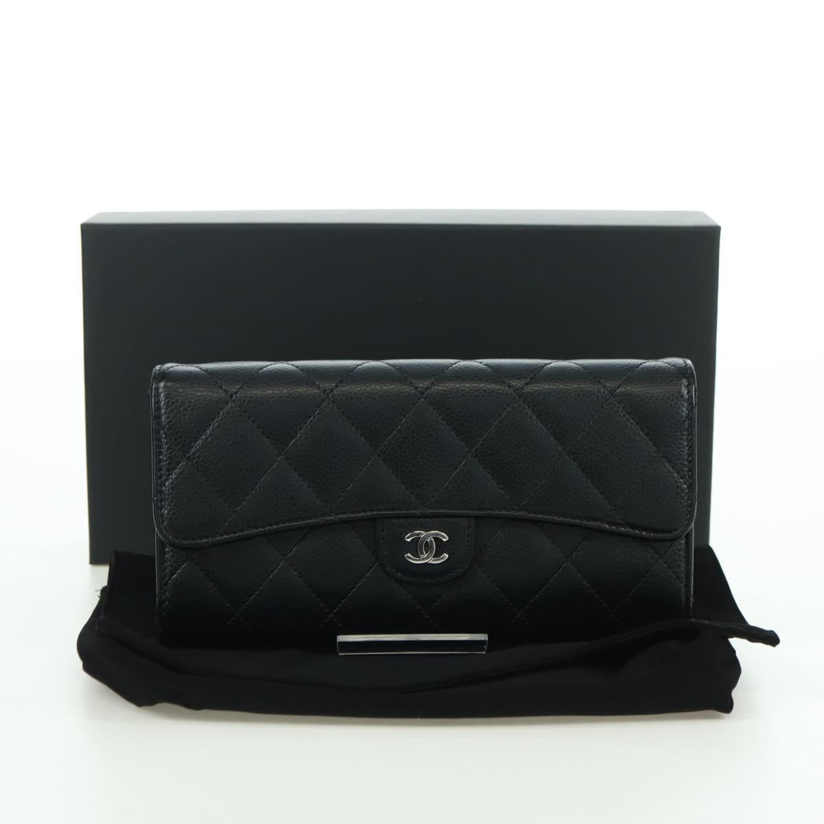 CHANEL Matelasse Long Wallet Caviar Skin Black Silver CC Auth am11194M