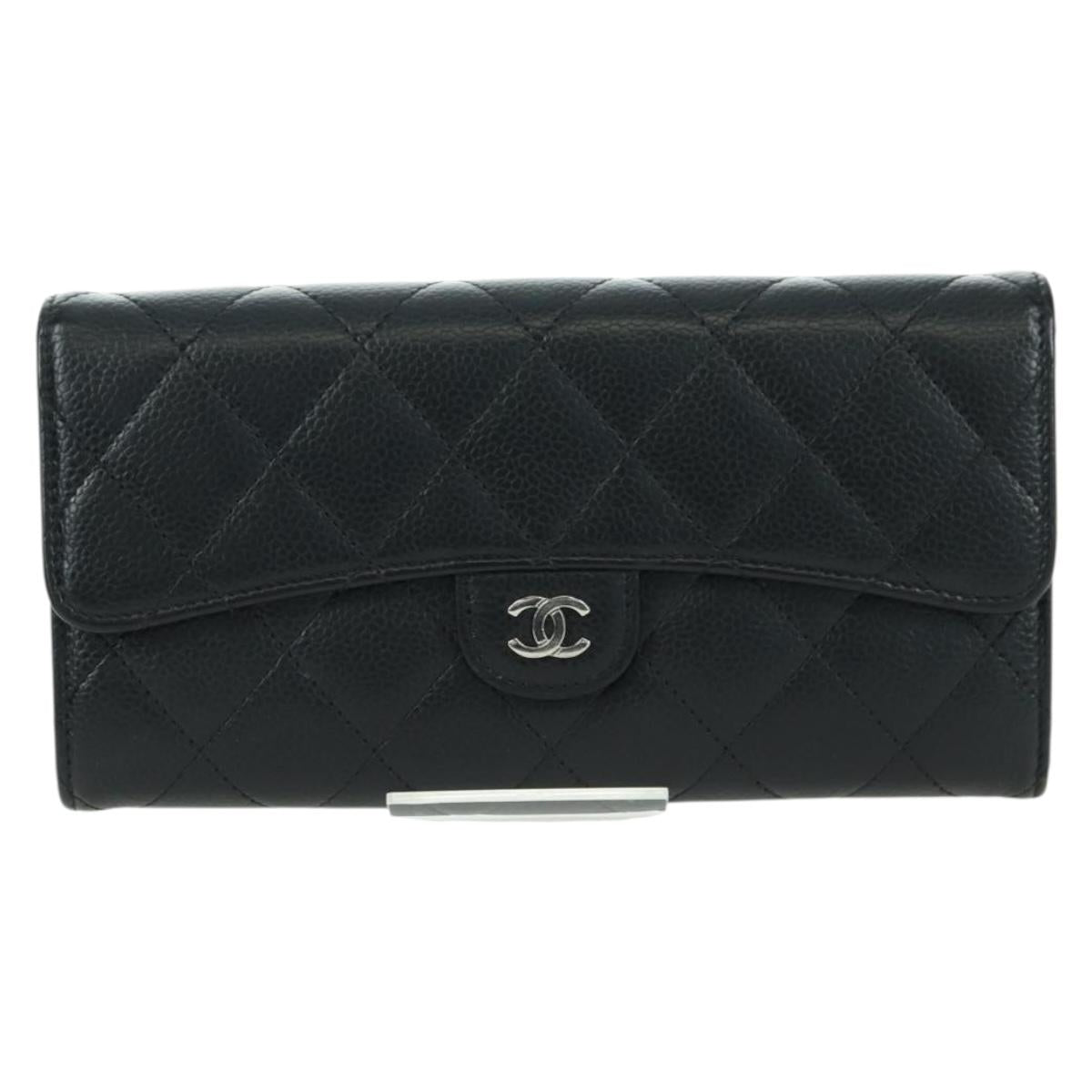CHANEL Matelasse Long Wallet Caviar Skin Black Silver CC Auth am11194M