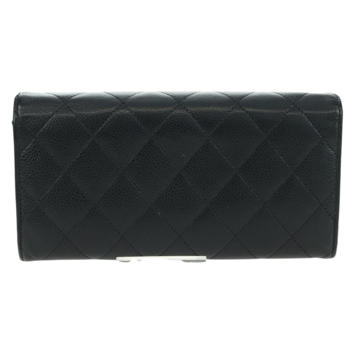 CHANEL Matelasse Long Wallet Caviar Skin Black Silver CC Auth am11194M