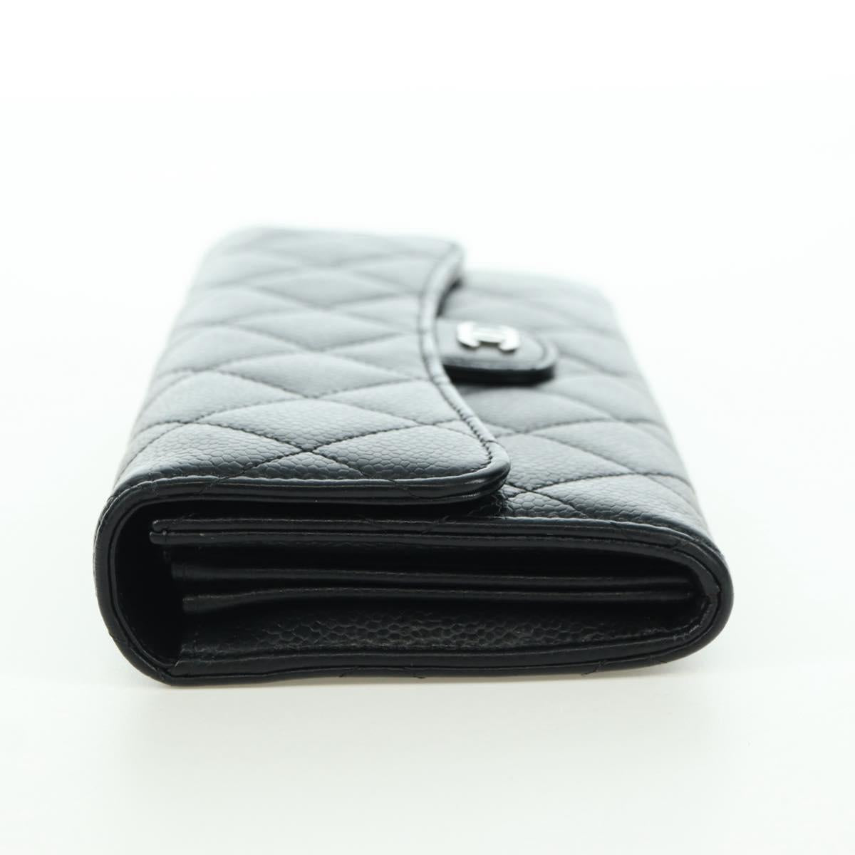 CHANEL Matelasse Long Wallet Caviar Skin Black Silver CC Auth am11194M