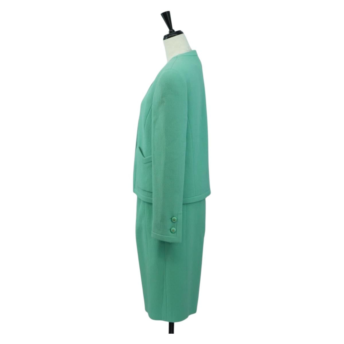 CHANEL jacket Skirt Setup Wool Green CC Auth am11218A