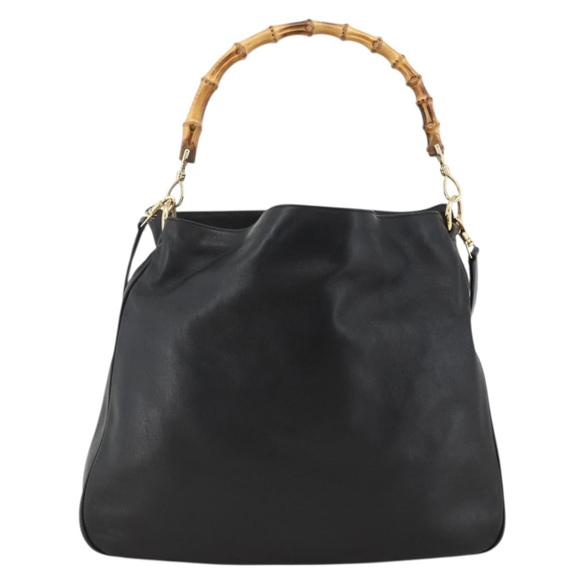 GUCCI Bamboo Shoulder Bag Leather 2way Black Gold 001 2123 1577 Auth am11264