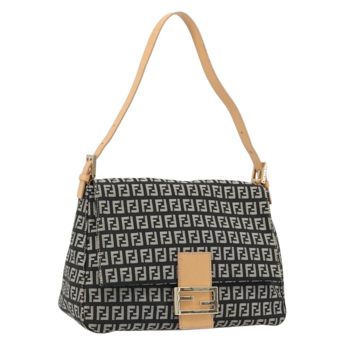 FENDI Zucchino Canvas Mamma Baguette Shoulder Bag Black Gold Auth am11274SAV