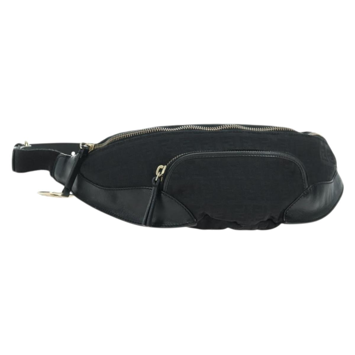 FENDI Zucchino Canvas Mamma Baguette Waist bag Black Gold Auth am11355V