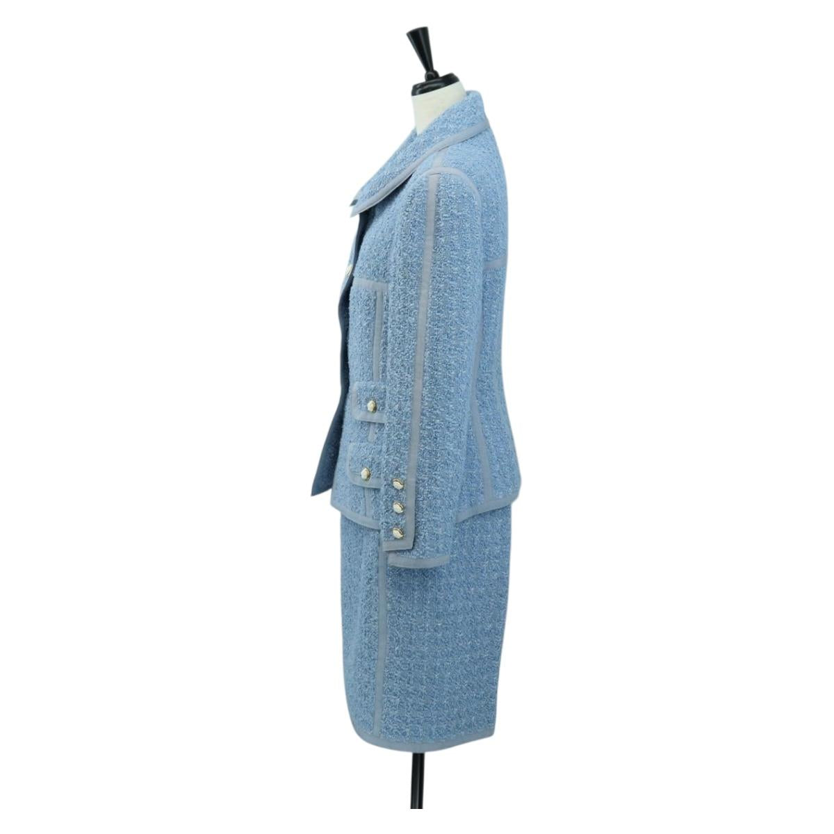 CHANEL jacket Skirt Setup Tweed 42 Light Blue CC Auth am11360SM