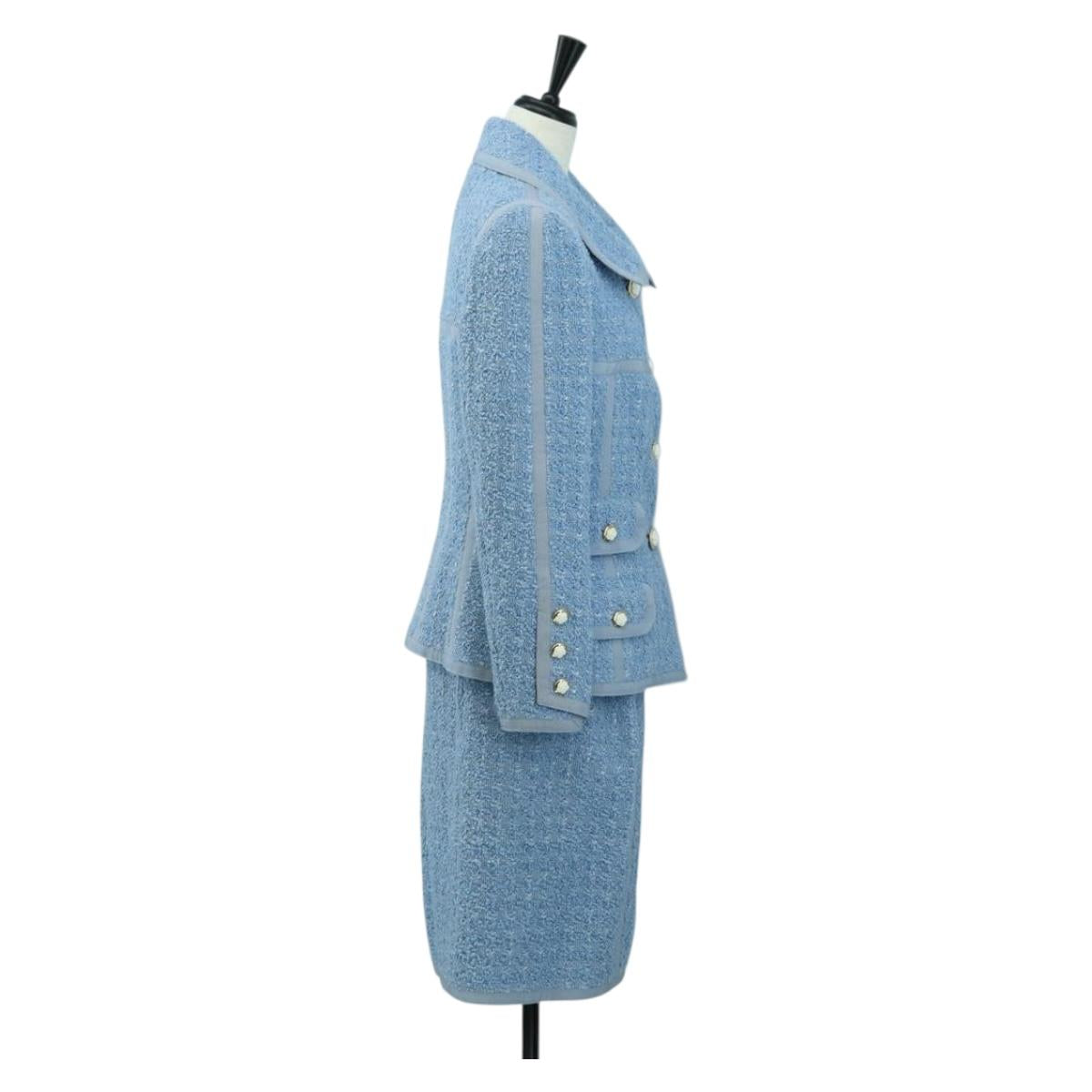 CHANEL jacket Skirt Setup Tweed 42 Light Blue CC Auth am11360SM