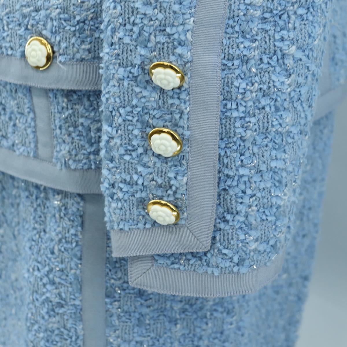 CHANEL jacket Skirt Setup Tweed 42 Light Blue CC Auth am11360SM
