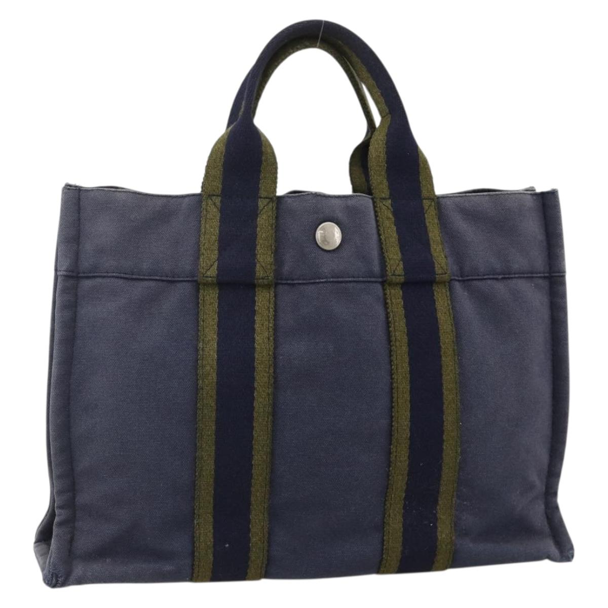 HERMES Fourre ToutPM Tote Bag Canvas Navy Silver Auth am11365