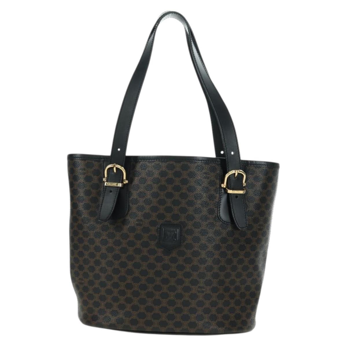 CELINE Macadam Canvas Tote Bag PVC Leather Black Gold Auth am11378V