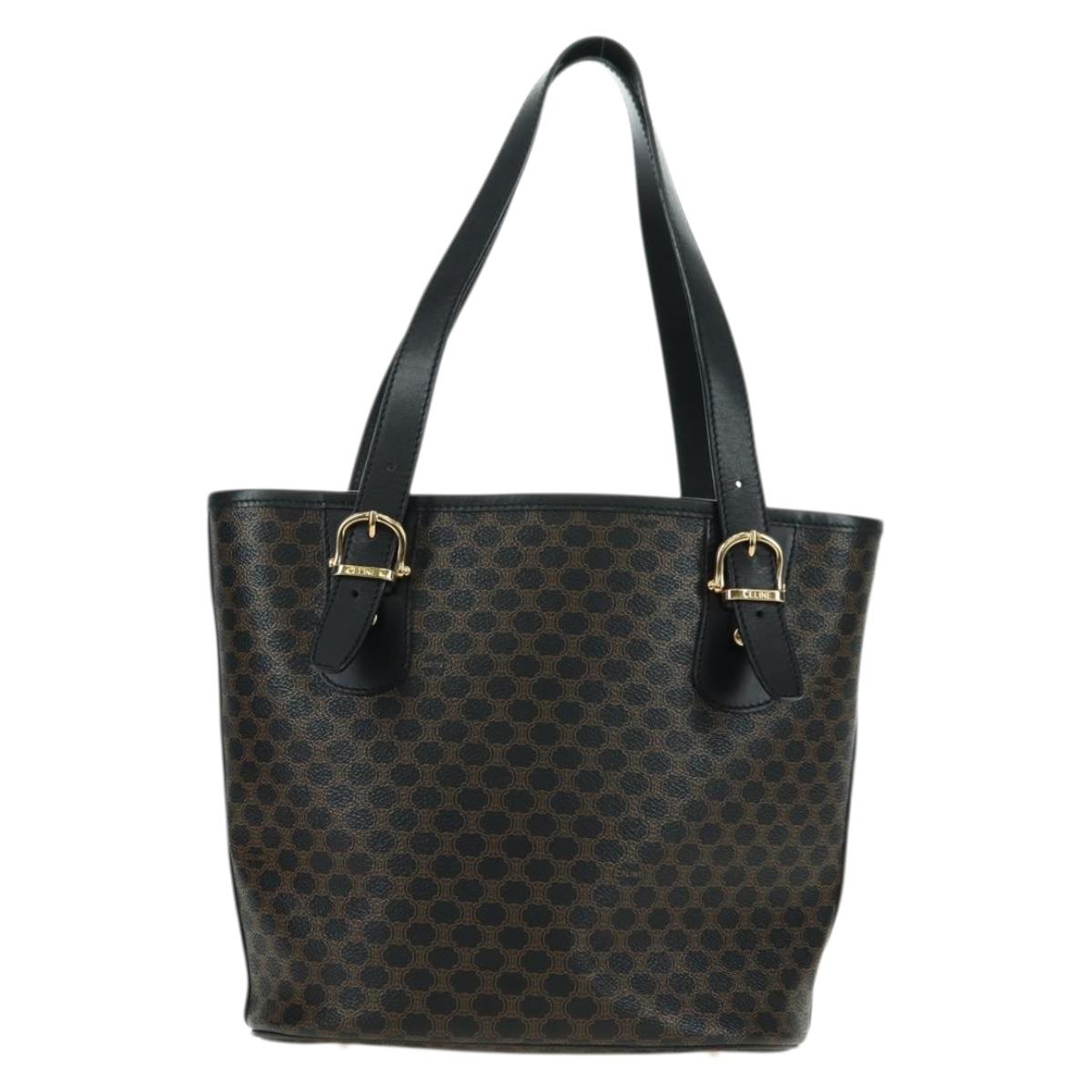 CELINE Macadam Canvas Tote Bag PVC Leather Black Gold Auth am11378V
