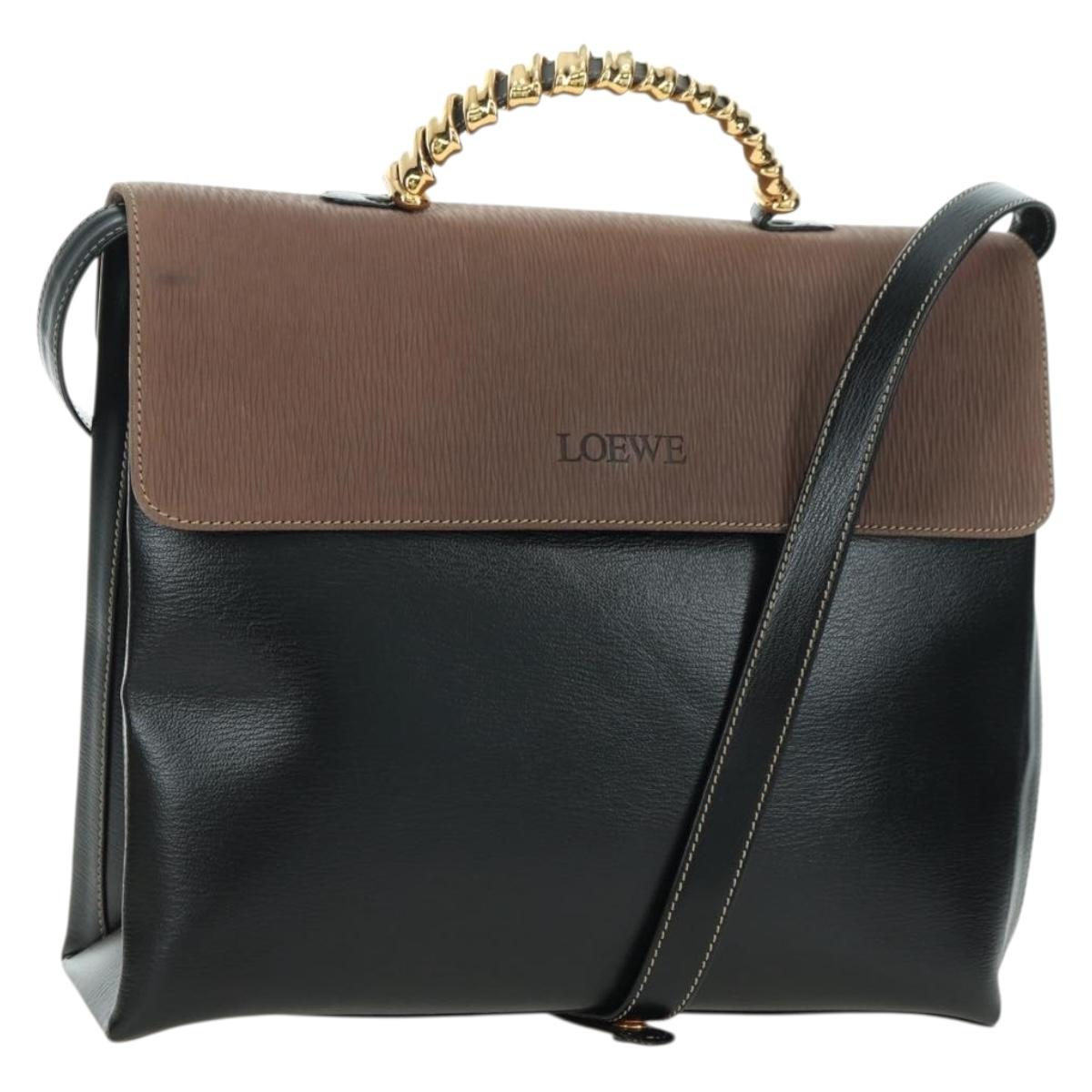 LOEWE Velazquez Hand Bag Leather 2way Brown Gold black Auth am11389V