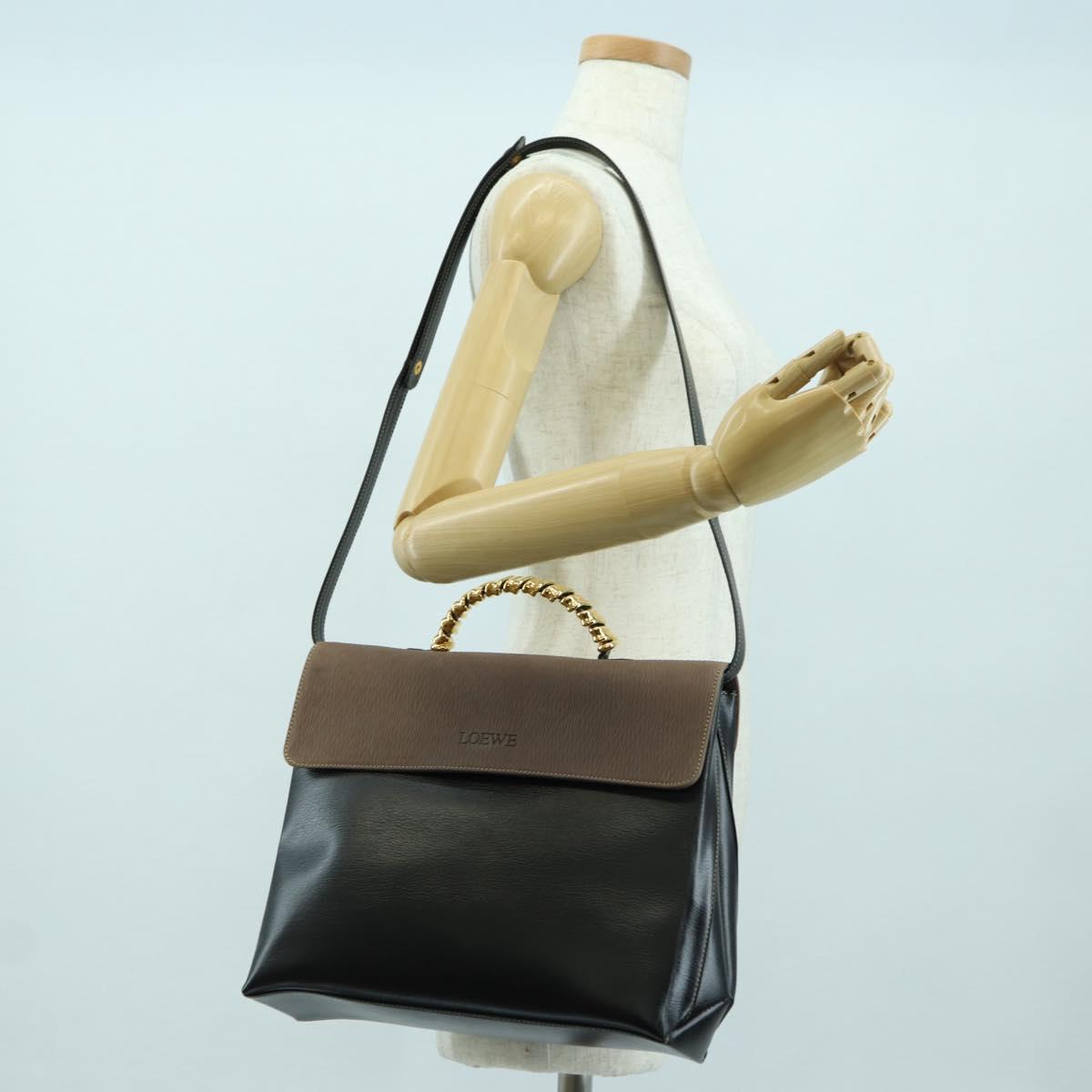 LOEWE Velazquez Hand Bag Leather 2way Brown Gold black Auth am11389V