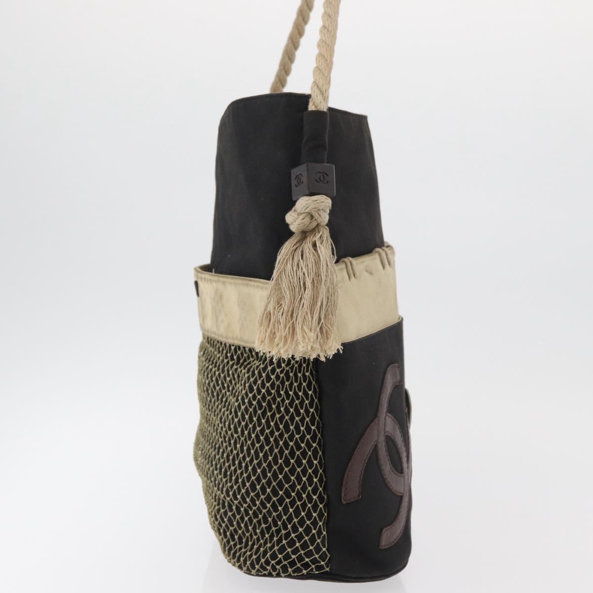 CHANEL Fishnet Camellia Clover Rope Bag Canvas Black Silver CC Auth am11426A