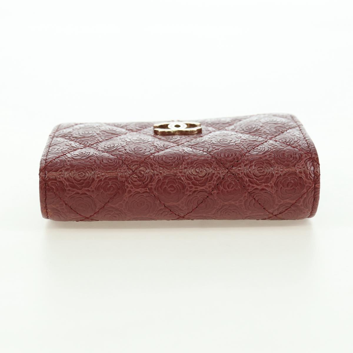 CHANEL Camelia Trifold Wallet Leather Bordeaux Gold CC Auth am11479M