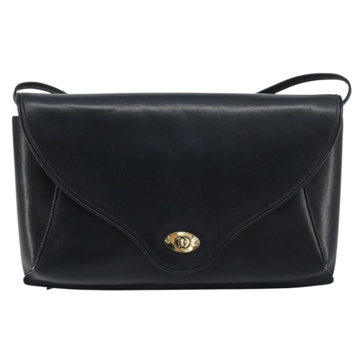 GUCCI Old Shoulder Bag Leather Navy Gold Auth am11511