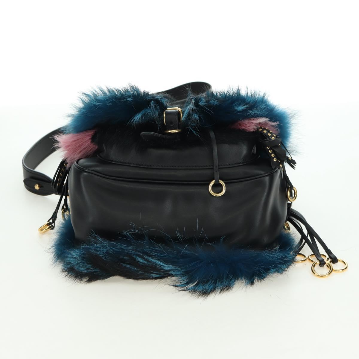 PRADA Hand Bag Fur Leather Blue Black Auth am11517SM