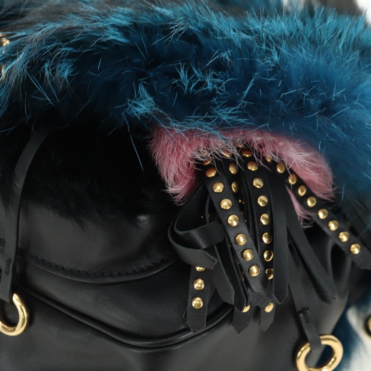 PRADA Hand Bag Fur Leather Blue Black Auth am11517SM
