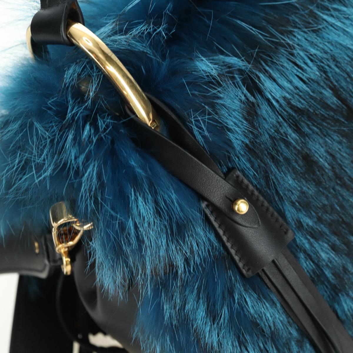 PRADA Hand Bag Fur Leather Blue Black Auth am11517SM