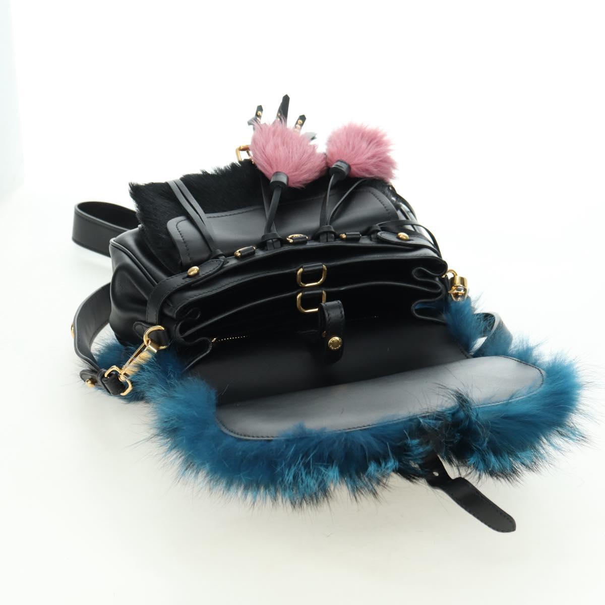 PRADA Hand Bag Fur Leather Blue Black Auth am11517SM