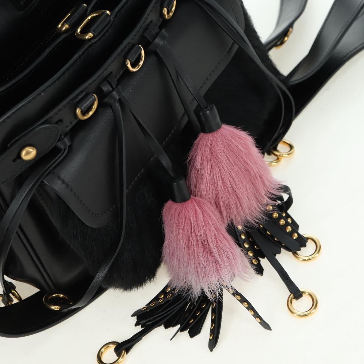 PRADA Hand Bag Fur Leather Blue Black Auth am11517SM