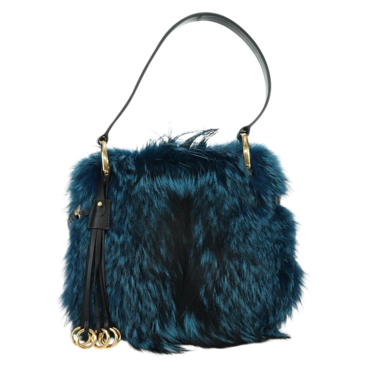 PRADA Hand Bag Fur Leather Blue Black Auth am11517SM
