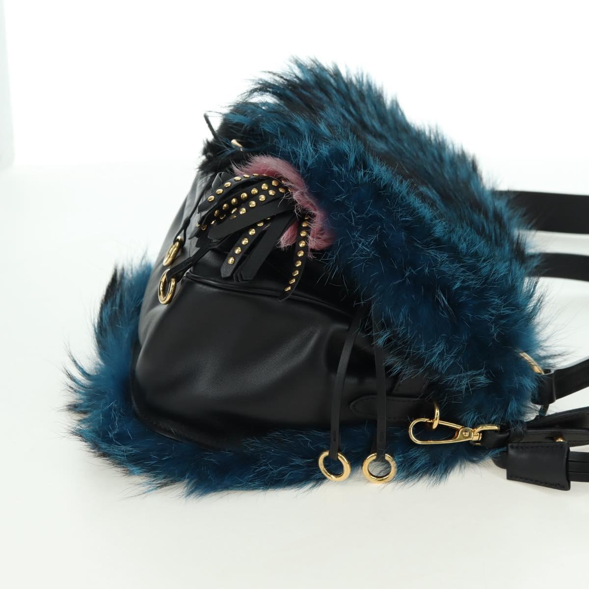 PRADA Hand Bag Fur Leather Blue Black Auth am11517SM