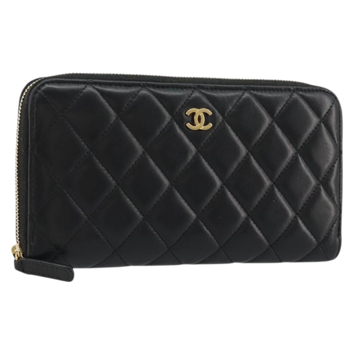 CHANEL Matelasse Long Wallet Lamb Skin Black Gold CC Auth am11540A