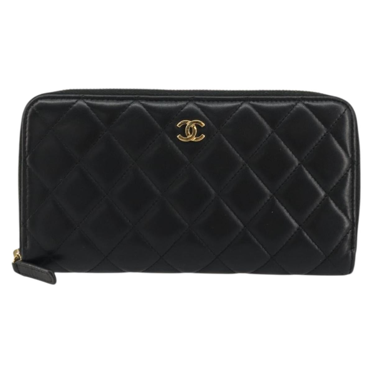 CHANEL Matelasse Long Wallet Lamb Skin Black Gold CC Auth am11540A