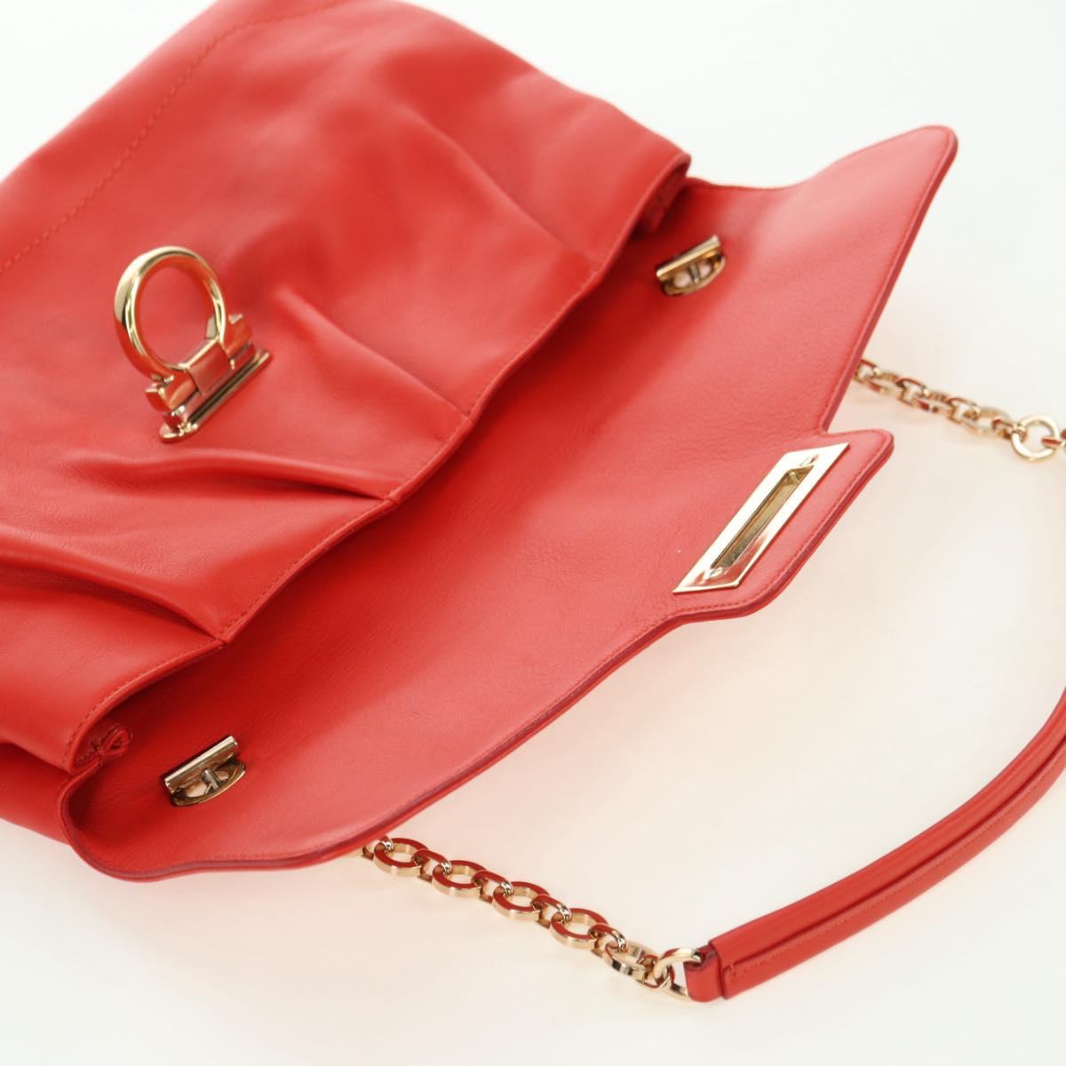 Salvatore Ferragamo Gancini Chain Hand Bag Leather Red Gold Auth am11549V