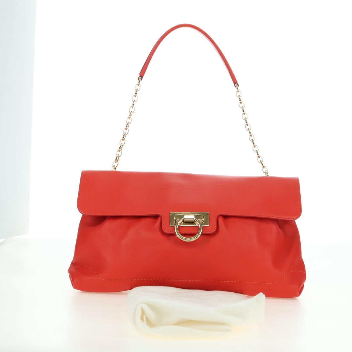 Salvatore Ferragamo Gancini Chain Hand Bag Leather Red Gold Auth am11549V