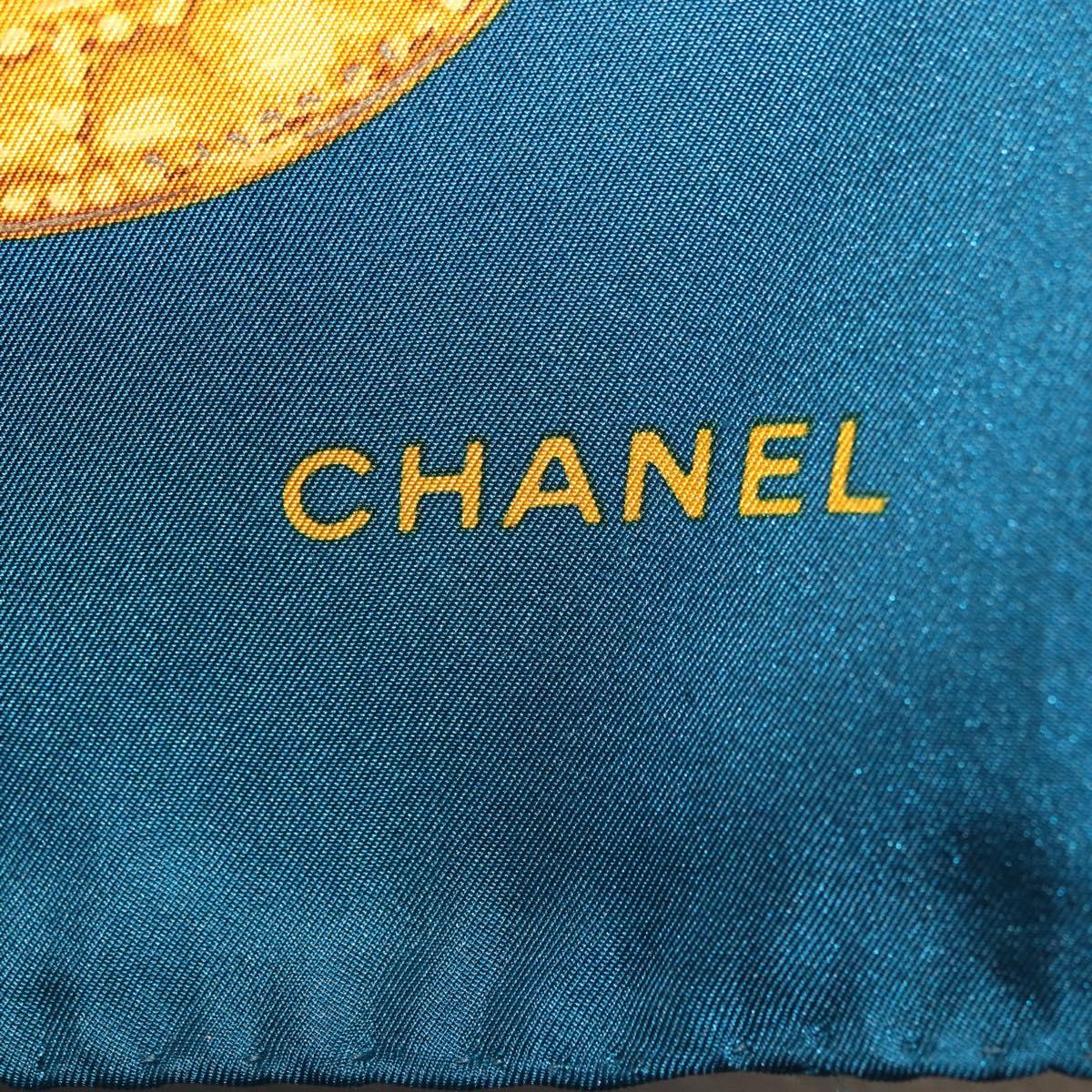 CHANEL Chain Accessory Pattern Scarf Silk Blue CC Auth am11561A