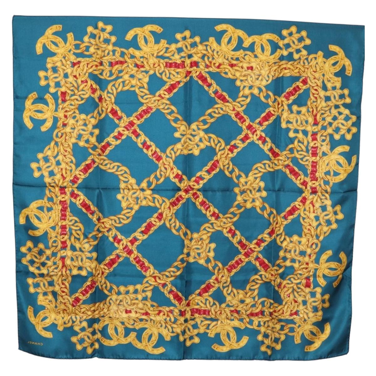 CHANEL Chain Accessory Pattern Scarf Silk Blue CC Auth am11561A