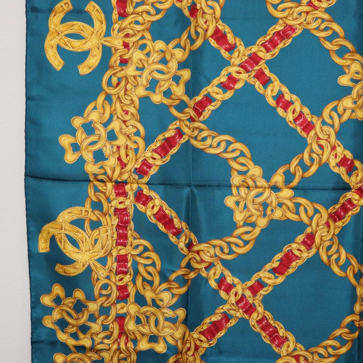CHANEL Chain Accessory Pattern Scarf Silk Blue CC Auth am11561A