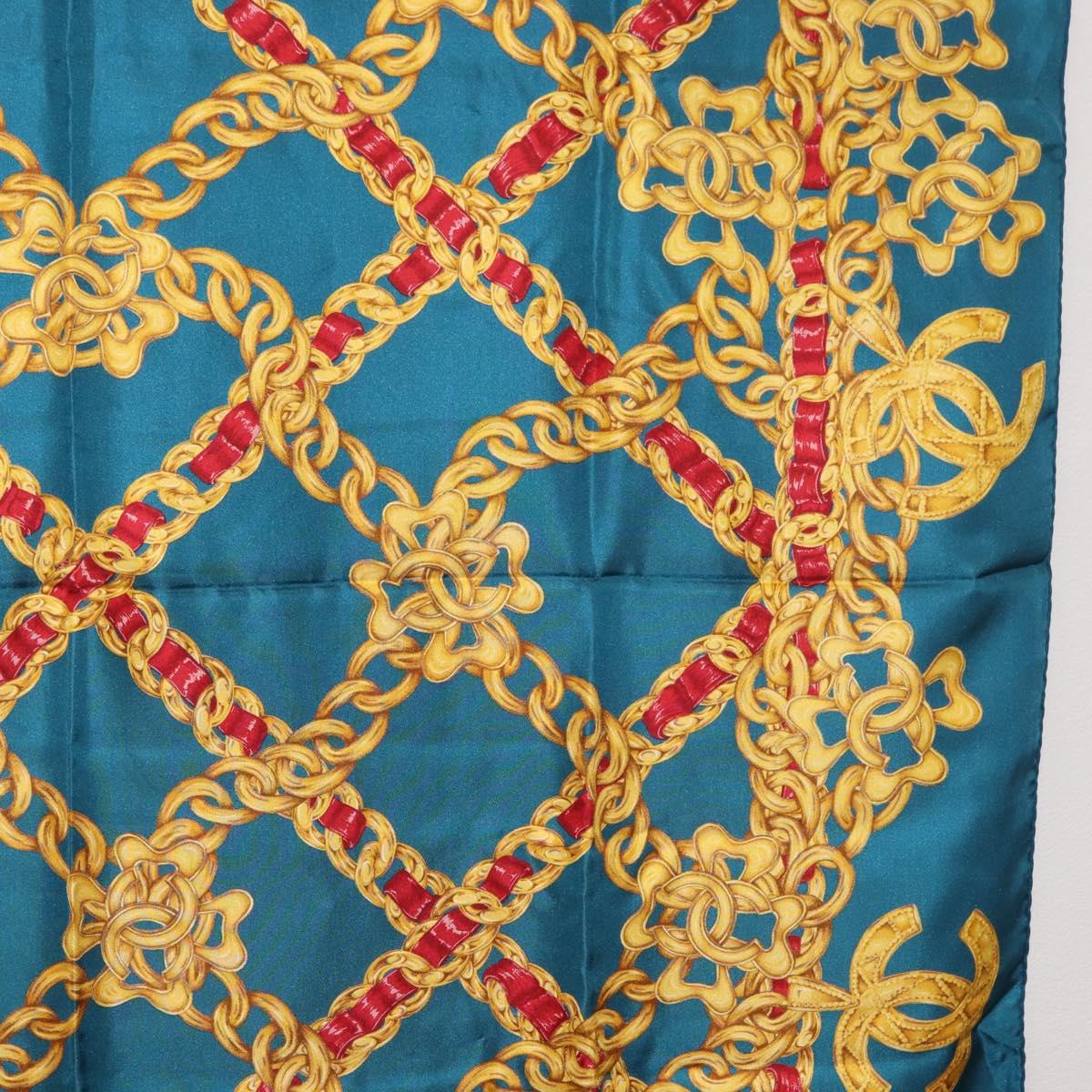 CHANEL Chain Accessory Pattern Scarf Silk Blue CC Auth am11561A