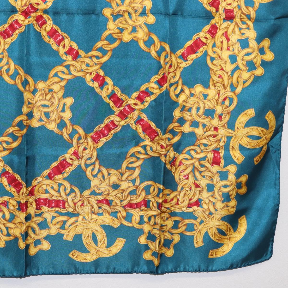 CHANEL Chain Accessory Pattern Scarf Silk Blue CC Auth am11561A
