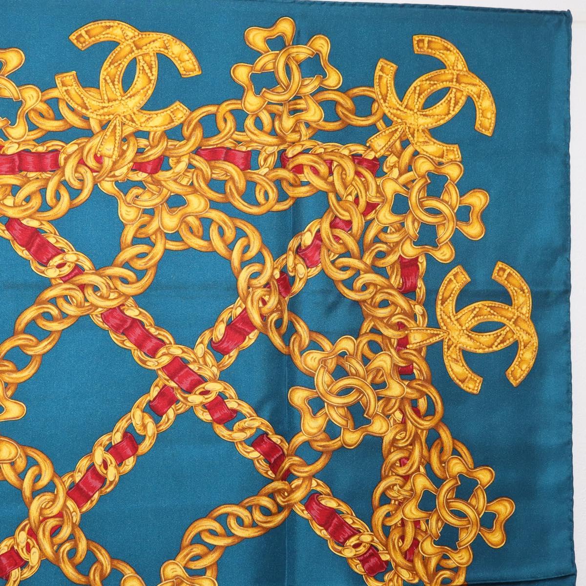 CHANEL Chain Accessory Pattern Scarf Silk Blue CC Auth am11561A