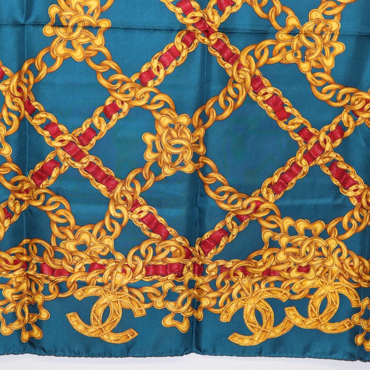 CHANEL Chain Accessory Pattern Scarf Silk Blue CC Auth am11561A