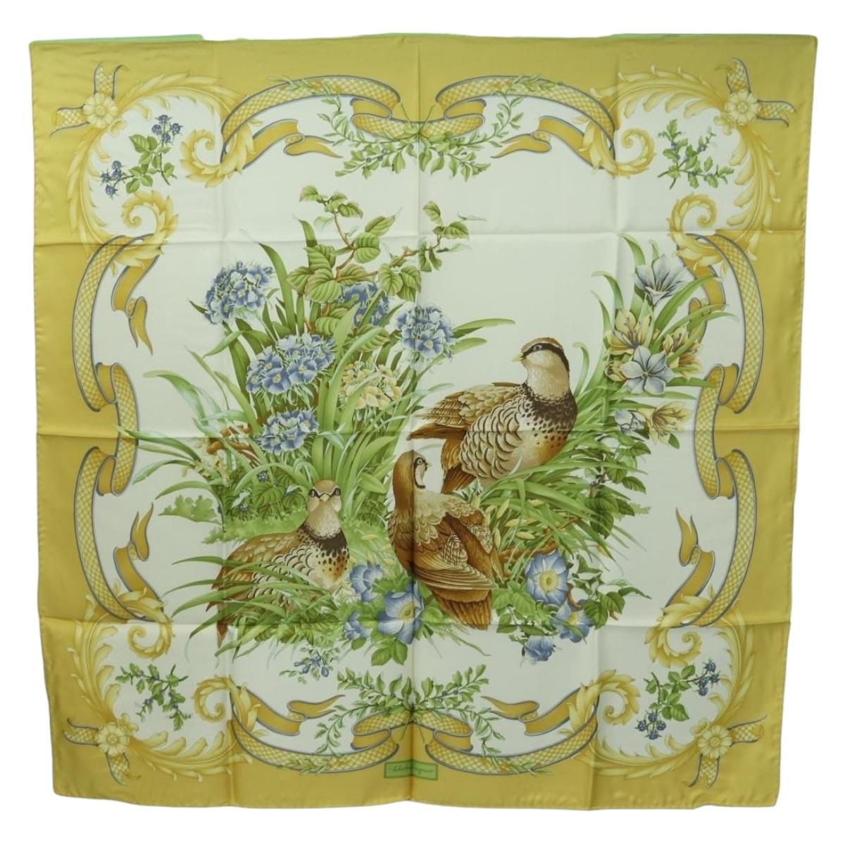 Salvatore Ferragamo Bird Pattern Scarf Silk Yellow Auth am11583A