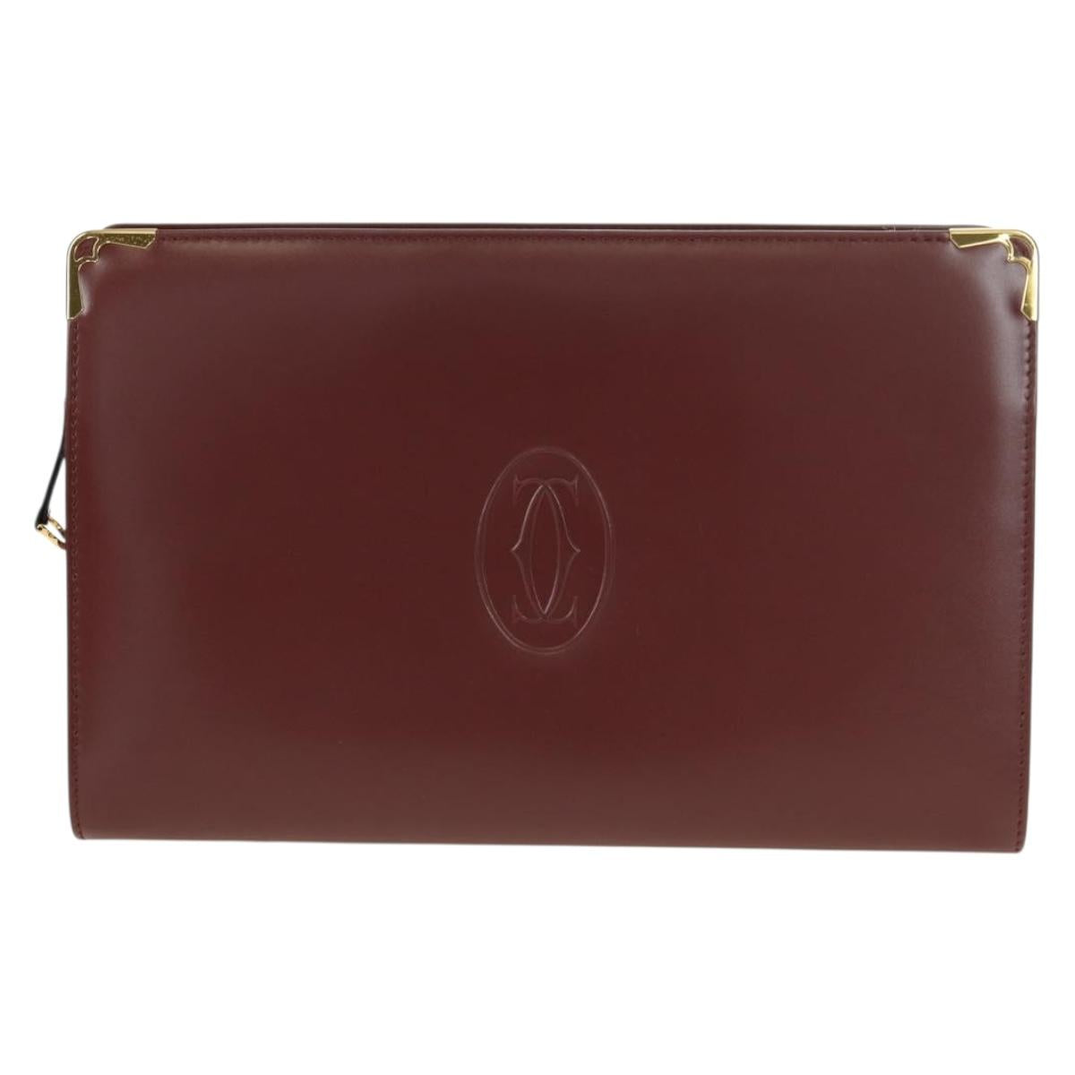 CARTIER Must Line Clutch Bag Leather Bordeaux Gold Auth am11612V
