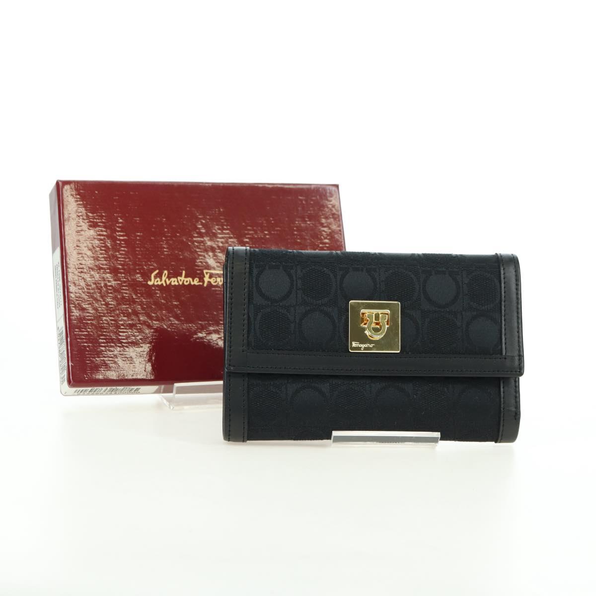 Salvatore Ferragamo Gancini Trifold Wallet Canvas Leather Black Gold am11632V