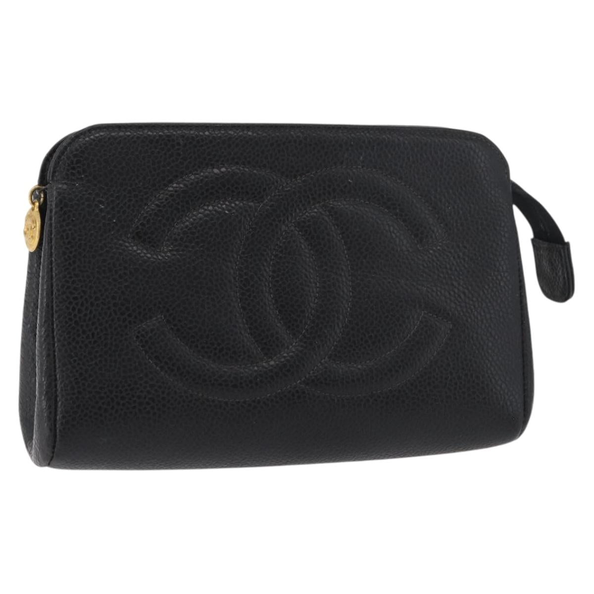 CHANEL Pouch Caviar Skin Black Gold CC Auth am11642