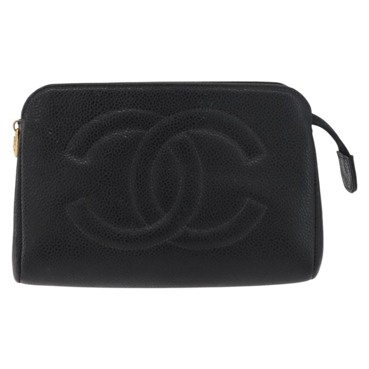 CHANEL Pouch Caviar Skin Black Gold CC Auth am11642