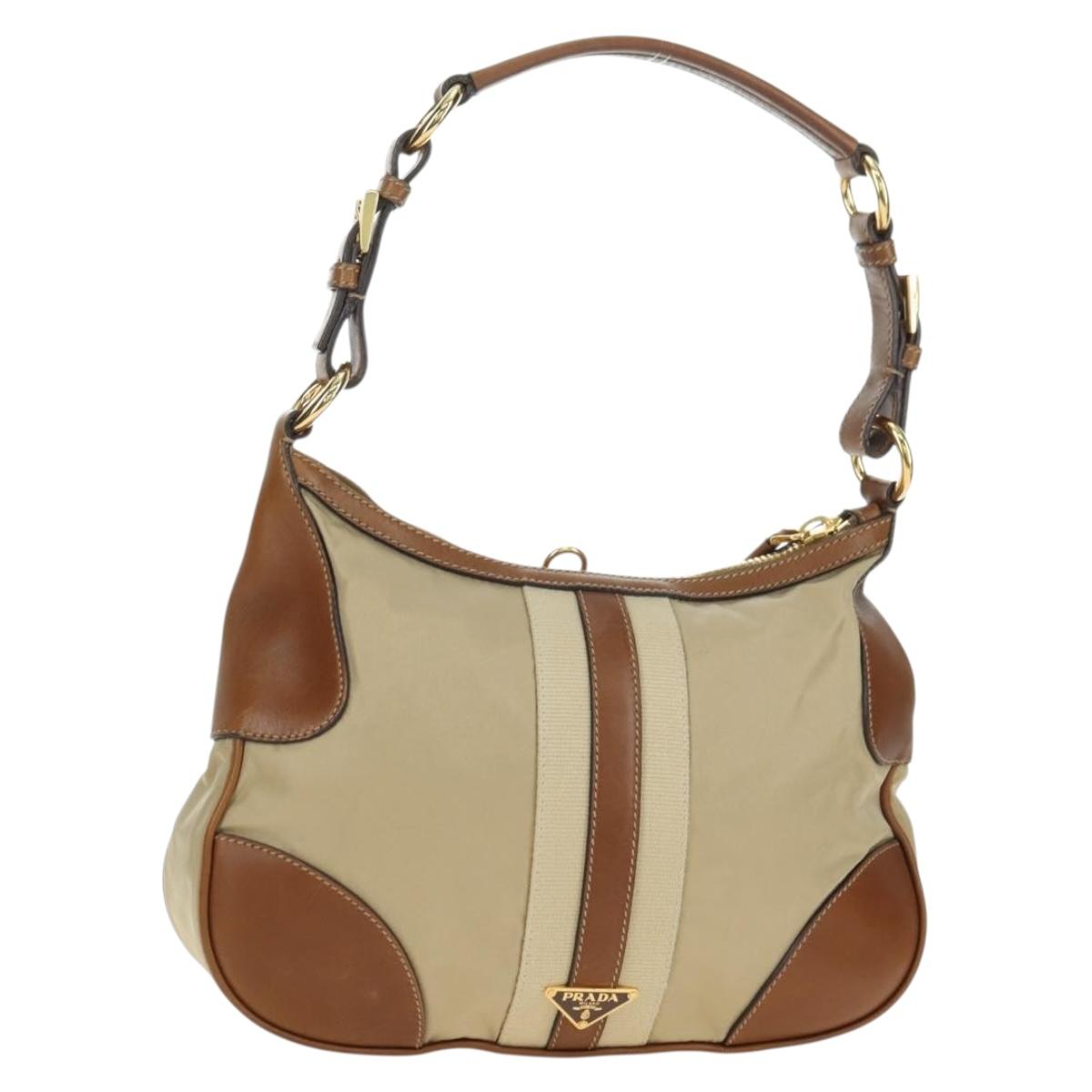 PRADA Hand Bag Nylon Leather Beige Gold Auth am11645A