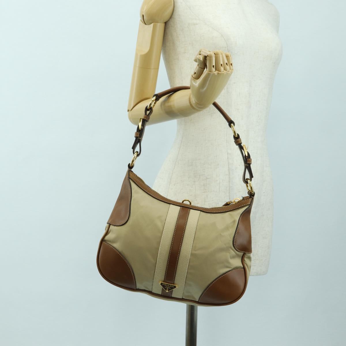PRADA Hand Bag Nylon Leather Beige Gold Auth am11645A