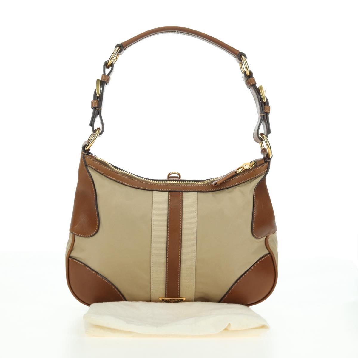 PRADA Hand Bag Nylon Leather Beige Gold Auth am11645A