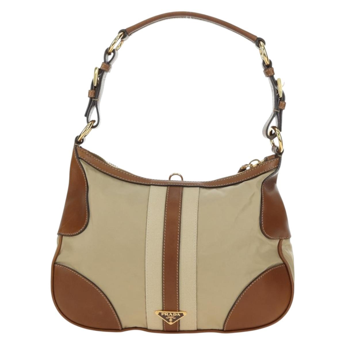 PRADA Hand Bag Nylon Leather Beige Gold Auth am11645A