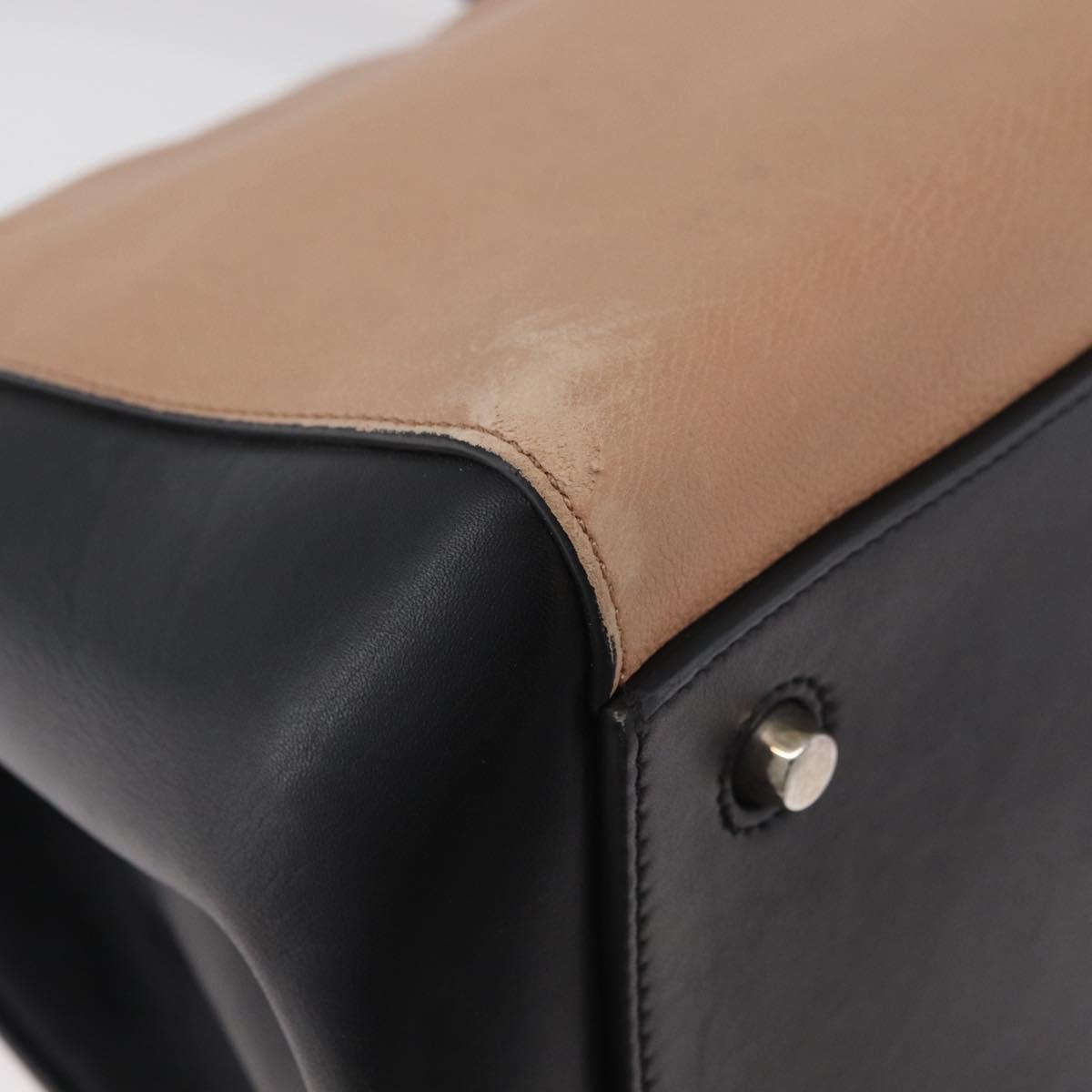 CELINE Edge Hand Bag Leather Beige Black Silver Auth am11657A