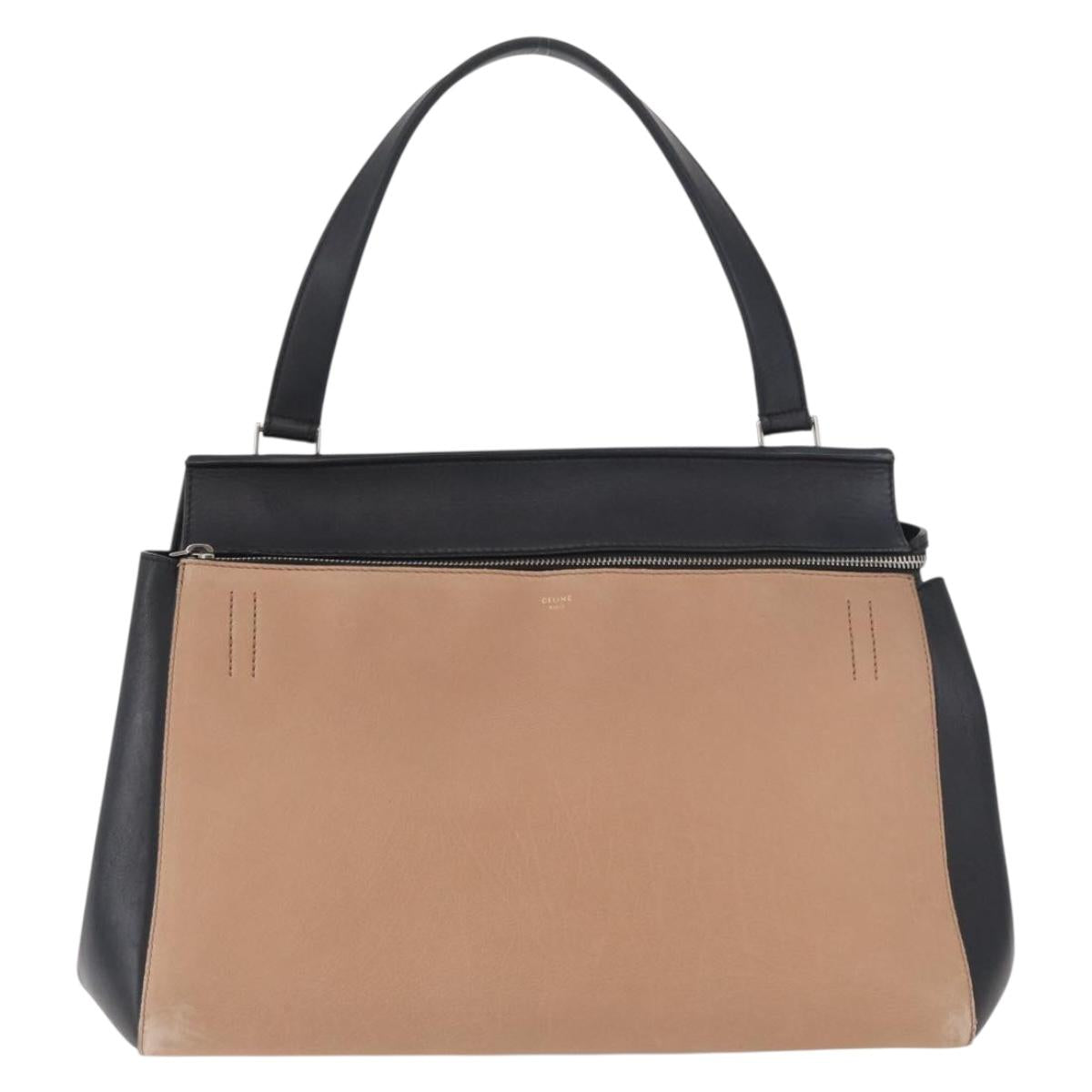 CELINE Edge Hand Bag Leather Beige Black Silver Auth am11657A