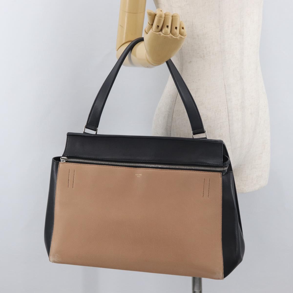 CELINE Edge Hand Bag Leather Beige Black Silver Auth am11657A